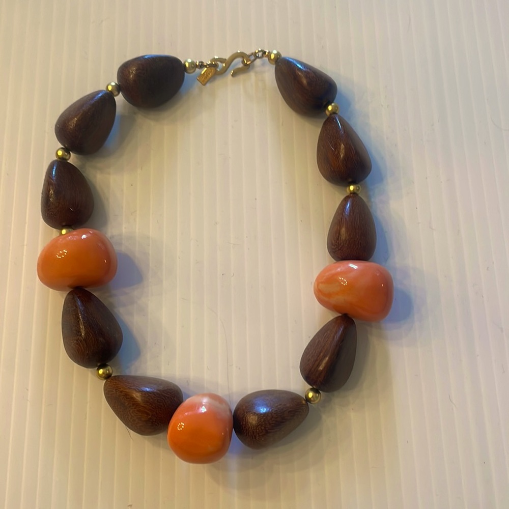 Kenneth Jay Lane wood and coral look necklace